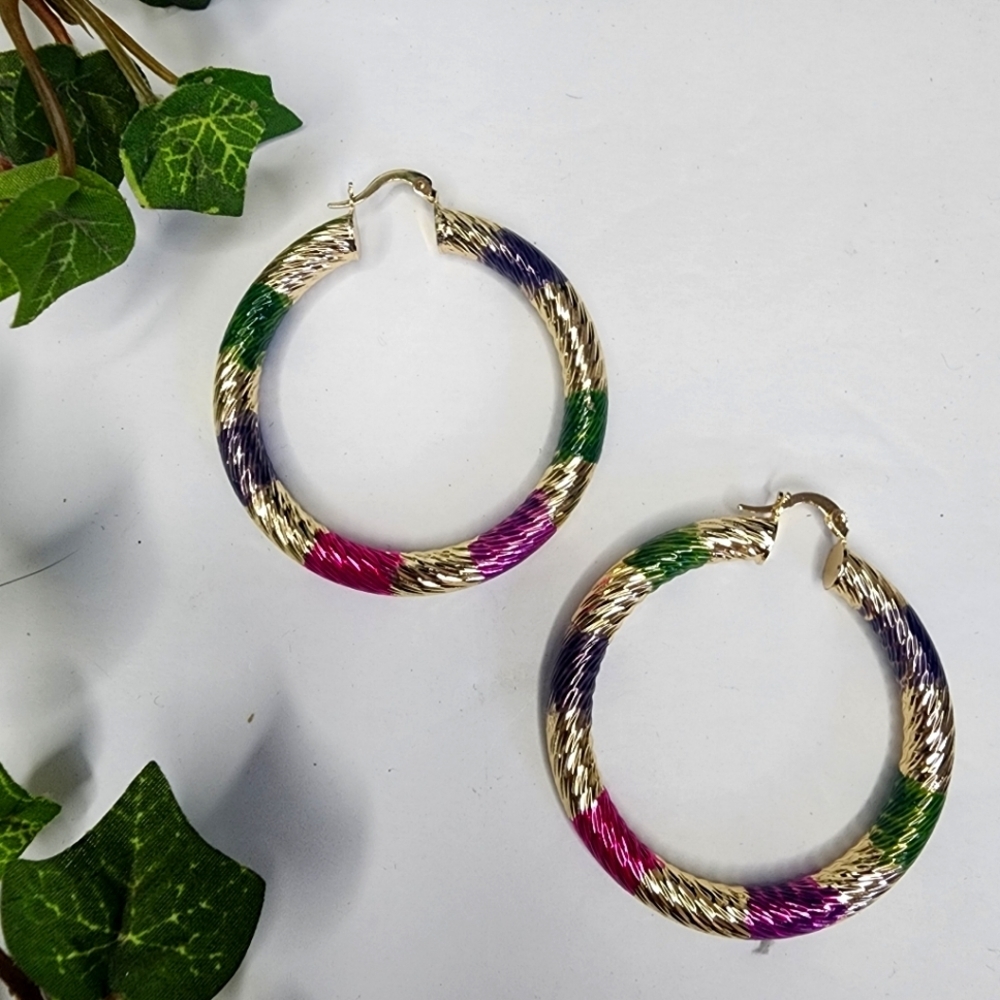 Gold Swirl Hollow Hoop Earrings with Colors